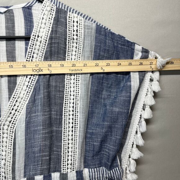Blue Island Striped Crochet Trim Tassel Caftan Swim Cover Up Dress Coastal Large - Picture 10 of 12